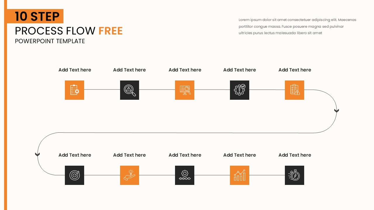 Light 10 step process flow PowerPoint slide with orange and black icons connected across two rows.