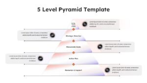 5 Level Pyramid PPT Template featuring a layered infographic with Long Term Vision, Strategic Direction, Measurable Goals, Action Plan, and Resources and Support.