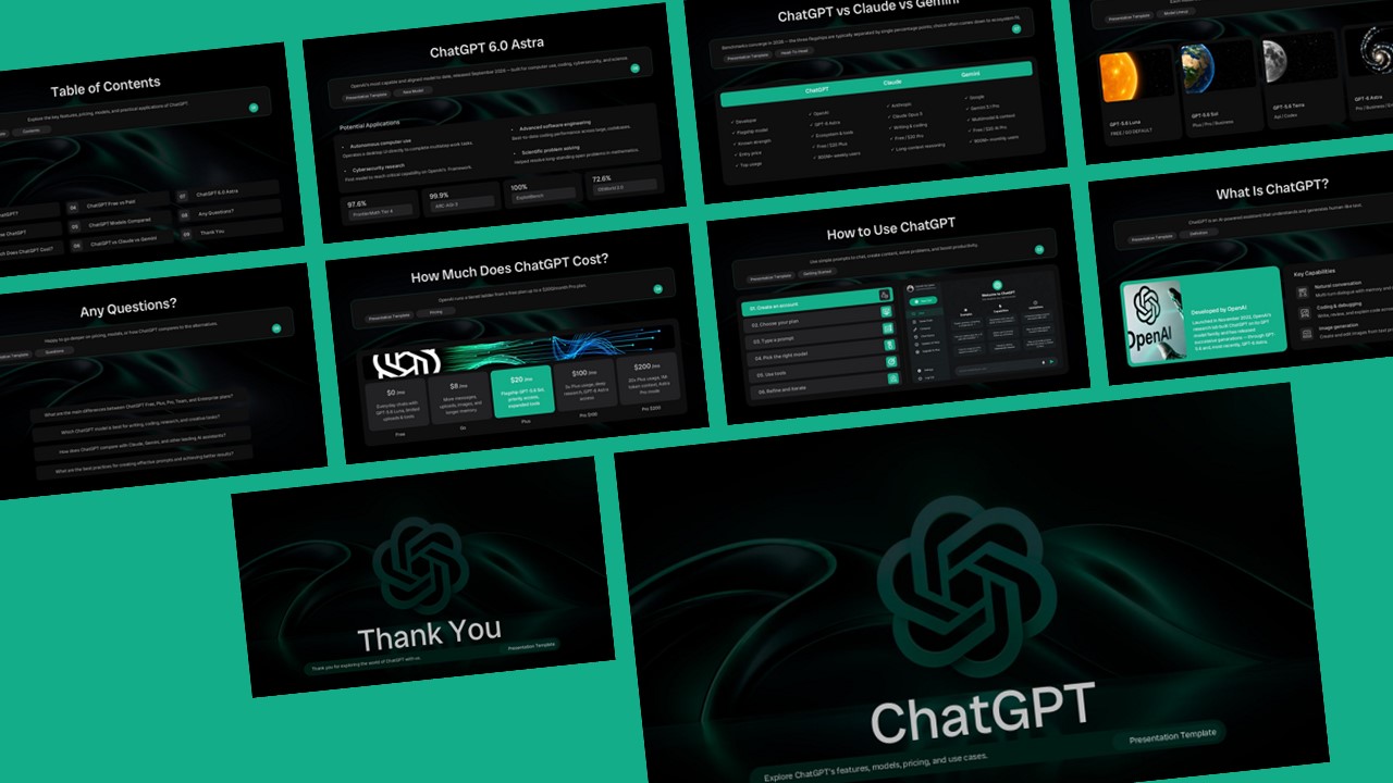 ChatGPT PowerPoint template overview showing multiple dark AI presentation slides with green accents.