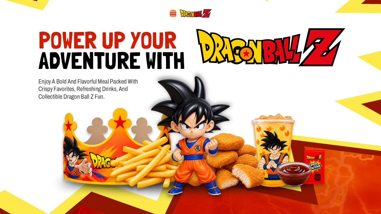 Dragon Ball Super Burger King Meal PowerPoint template featuring themed meal packaging, anime character artwork, fries, nuggets, and Dragon Ball Burst Lemonade.