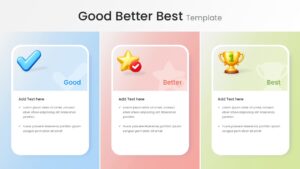 Good Better Best PowerPoint Template featuring three comparison cards with check mark, star, and trophy icons in blue, pink, and green.