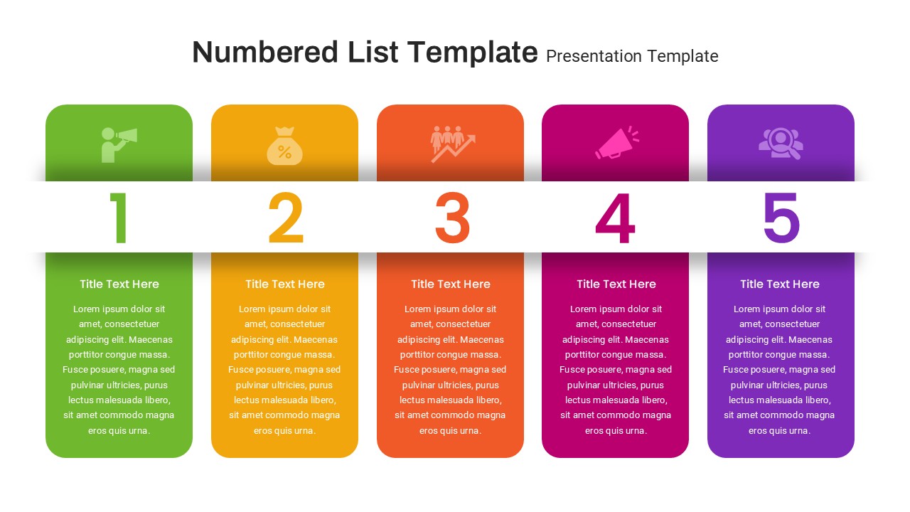 Numbered List PowerPoint Template featuring five colorful numbered sections with icons, titles, and descriptions on a white background.