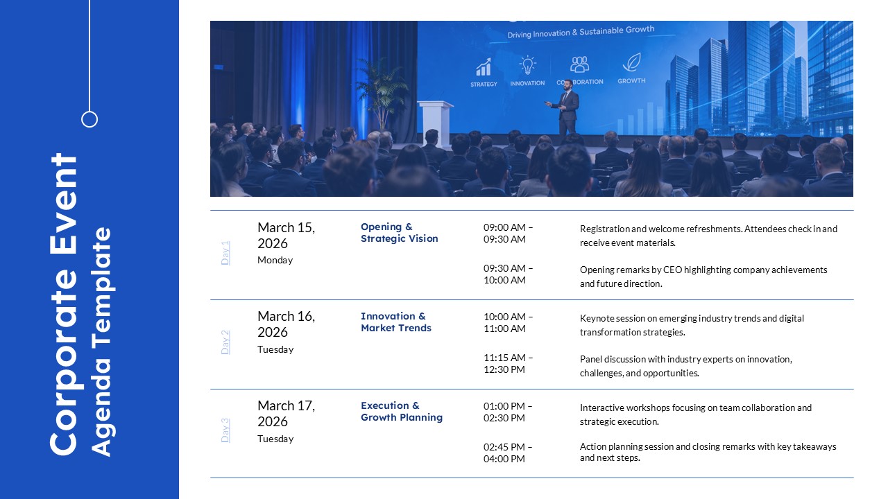 Corporate Event Agenda PowerPoint Template featuring a three day schedule, conference image, blue sidebar, session timings, and descriptions.