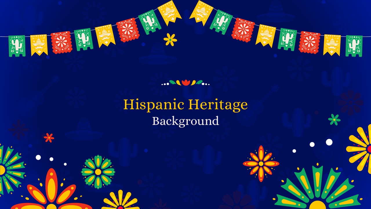 Image Alt Text 1: Hispanic Heritage PowerPoint Template with colorful papel picado banners, floral decorations, fireworks, and dark blue background.