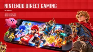 Nintendo Direct Gaming presentation slide featuring a Nintendo Switch console, colorful game characters, and red gaming themed graphics.