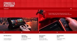 Nintendo Direct Console and Platform PowerPoint slide featuring Nintendo Switch hardware, handheld mode, online services, and gaming platform details.