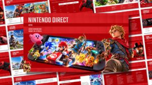 Nintendo Direct Gaming PowerPoint template with red background, Nintendo Switch console, and colorful video game character artwork.