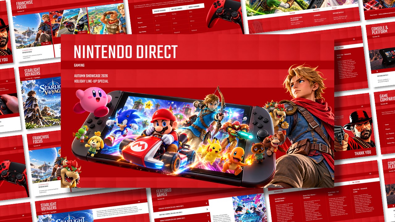 Nintendo Direct Gaming PowerPoint template with red background, Nintendo Switch console, and colorful video game character artwork.