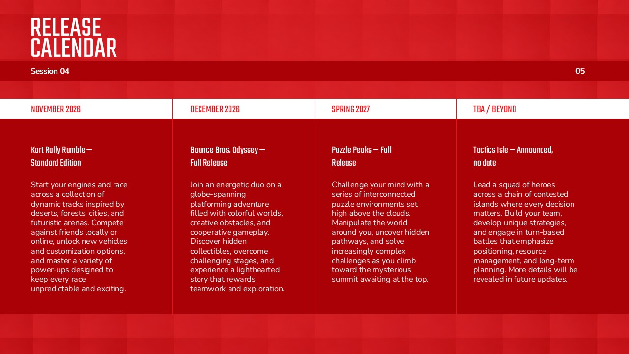 Nintendo Direct Release Calendar PPT slide organizing upcoming games by November 2026, December 2026, Spring 2027, and TBA release dates.