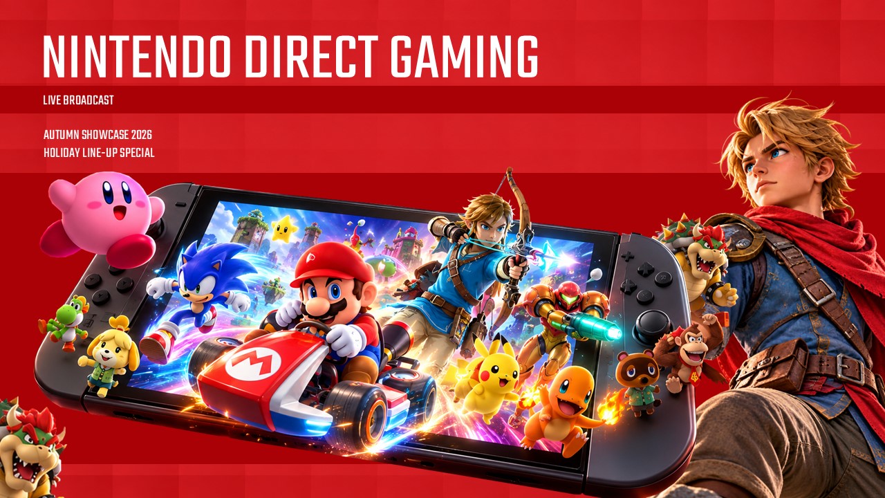 Nintendo Direct Gaming presentation slide featuring a Nintendo Switch console, colorful game characters, and red gaming themed graphics.