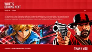 Nintendo Direct closing PowerPoint slide featuring upcoming gaming content, Nintendo Switch consoles, and video game character artwork.