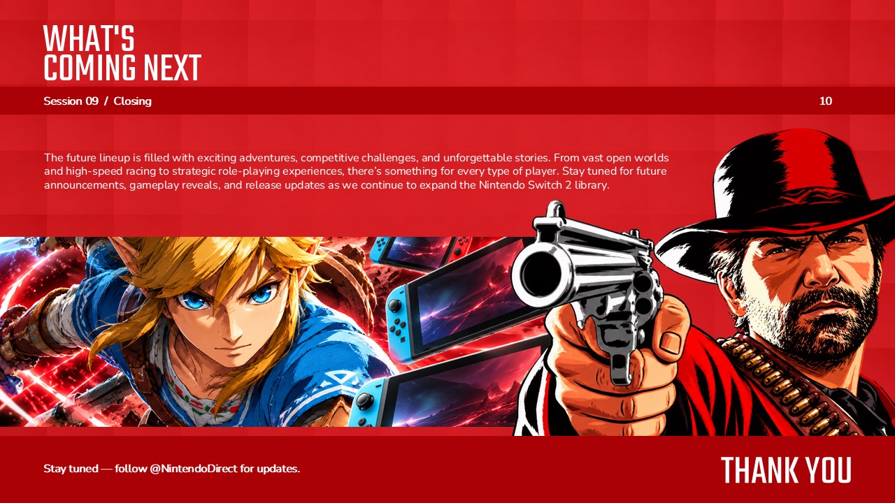 Nintendo Direct closing PowerPoint slide featuring upcoming gaming content, Nintendo Switch consoles, and video game character artwork.