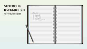 Notebook Background PowerPoint Template featuring an open lined notebook, spiral binding, pencil, and soft light background.