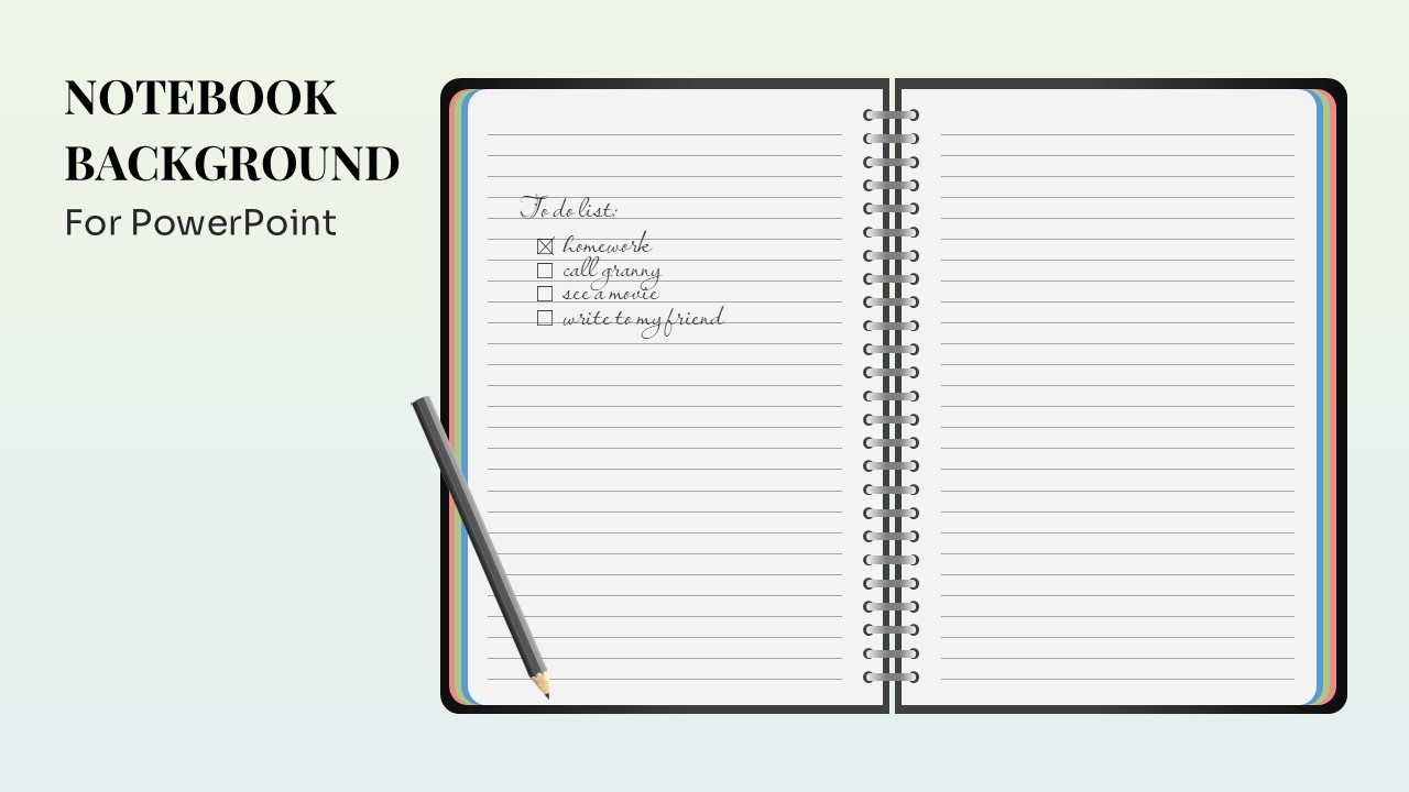 Notebook Background PowerPoint Template featuring an open lined notebook, spiral binding, pencil, and soft light background.