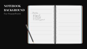 Notebook Background PPT Template featuring an open spiral notebook with handwritten notes and a dark presentation background.
