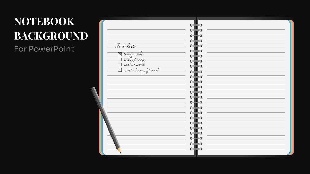 Notebook Background PPT Template featuring an open spiral notebook with handwritten notes and a dark presentation background.