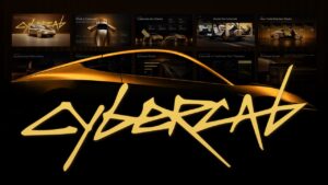 Tesla Cybercab presentation cover with gold vehicle lettering and multiple dark themed slide previews.