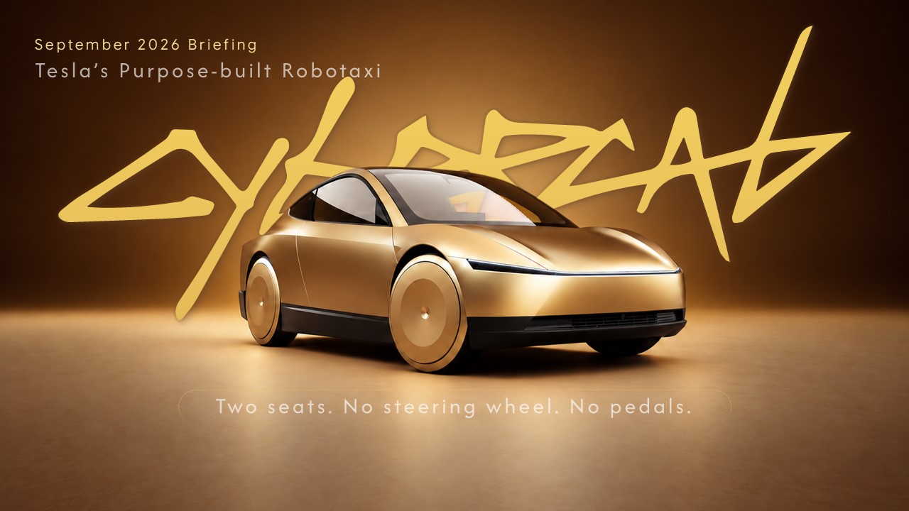 Gold Tesla Cybercab robotaxi on a cinematic brown background with presentation title and subtitle.