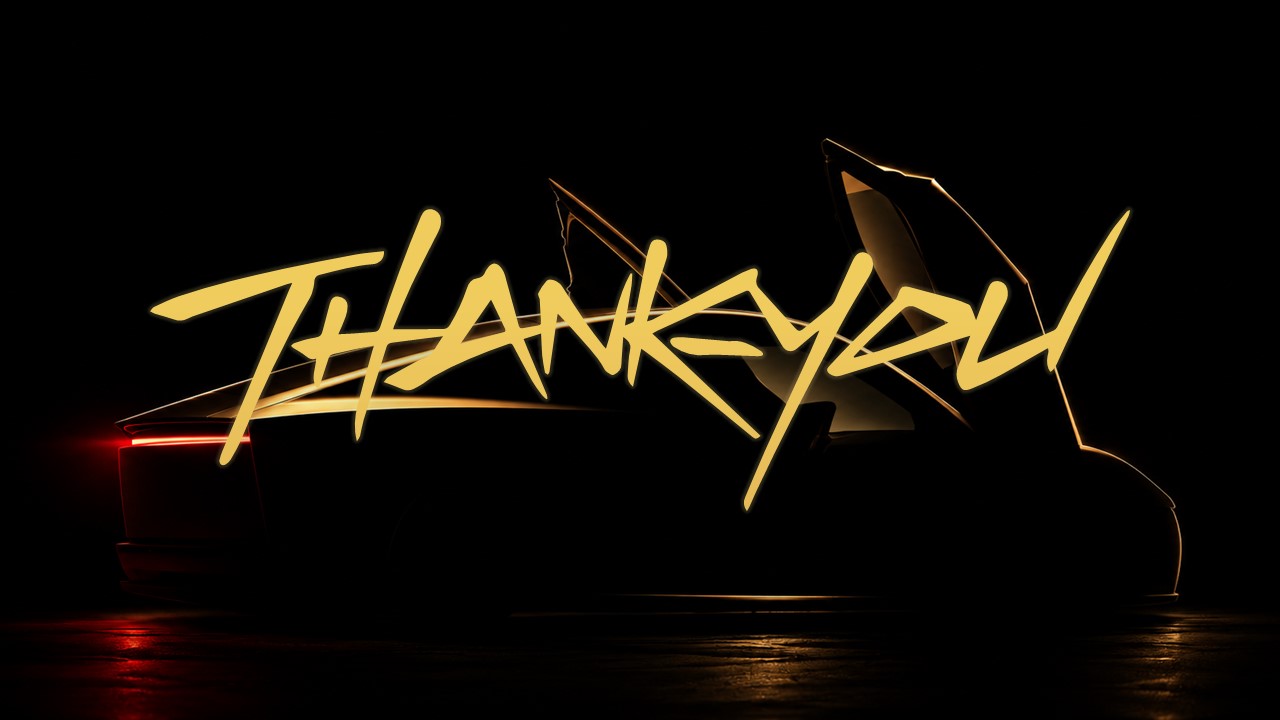 Dark Cybercab closing slide with a glowing vehicle silhouette and large gold thank you lettering.