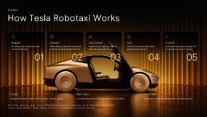 Tesla robotaxi process slide showing five stages from ride request and dispatch to boarding, riding, and drop off.